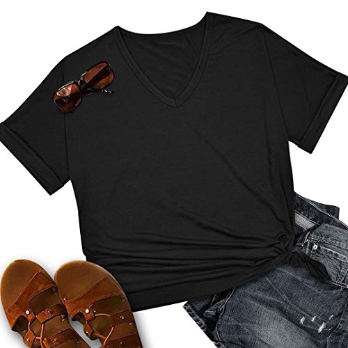heekpek Blusas de Moda Verano Mujer Blusas y Camisas de Mujer Ropa Mujer Verano Tops Mujer Camisas OversizedColor Sólido V Neck Negro Blanco Camisa Manga Corta Plus Size