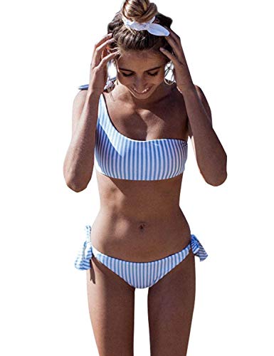 heekpek Conjunto de Bikini de Un Hombro Mujer Padded Sexy Un Hombro Trajes de Dos Piezas Conjuntos Traje De Baño Raya Bandage Bikini Mujer Playa Verano