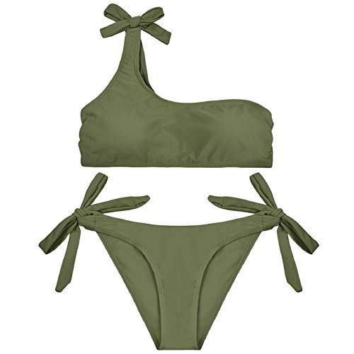 heekpek Conjunto de Bikini de Un Hombro Mujer Padded Sexy Un Hombro Trajes de Dos Piezas Conjuntos Traje De Baño Raya Bandage Bikini Mujer Playa Verano (Verde, M)