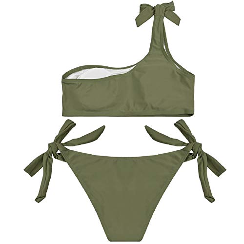 heekpek Conjunto de Bikini de Un Hombro Mujer Padded Sexy Un Hombro Trajes de Dos Piezas Conjuntos Traje De Baño Raya Bandage Bikini Mujer Playa Verano (Verde, M)