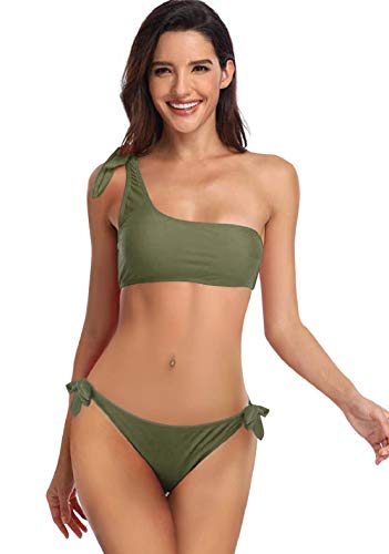 heekpek Conjunto de Bikini de Un Hombro Mujer Padded Sexy Un Hombro Trajes de Dos Piezas Conjuntos Traje De Baño Raya Bandage Bikini Mujer Playa Verano (Verde, M)