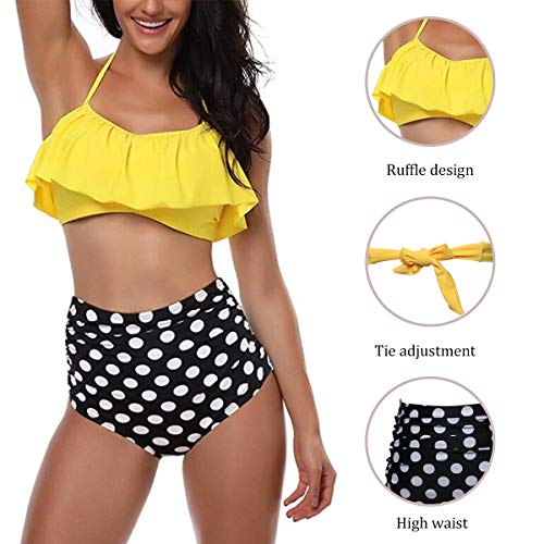 heekpek Conjunto de Bikini Mujer de Cintura Alta Traje de Baño de Dos Piezas Volantes Correas de Espagueti Bañador Plisado Estampado Rayas Ropa de Playa Tallas Grandes