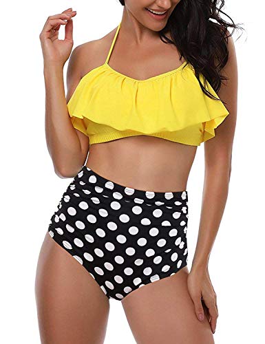 heekpek Conjunto de Bikini Mujer de Cintura Alta Traje de Baño de Dos Piezas Volantes Correas de Espagueti Bañador Plisado Estampado Rayas Ropa de Playa Tallas Grandes