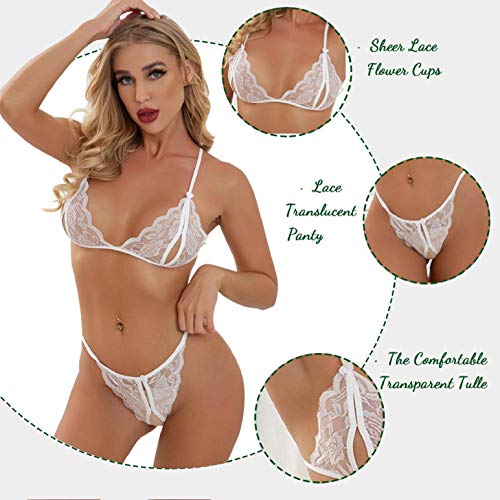 heekpek Conjunto Lencería Mujer Sexy Encaje Ropa de Dormir Sexy Mujer Lingerie Bordado Ropa Interior Sujetador Transparente Triangular y Tanga Sexy Dessous Set