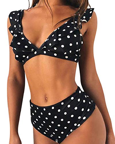 heekpek High Waisted Sexy Bikini Ruffle Cuello en V Conjunto de Bikini Puntos de Ola Traje de Baño Mujer Bañadores de Dos Piezas