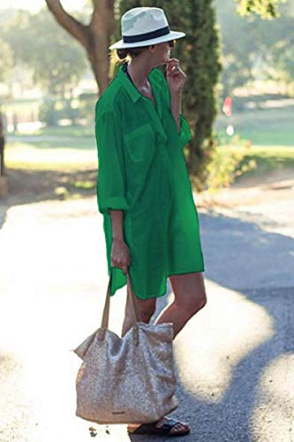 heekpek Mujer Manga Larga Grande Tunicas Playa Profundo Cuello en V Casual Solid Color Camisa para Playa y Piscina Bluson Camisolas y Pareos Playa Verano