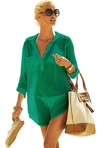 heekpek Mujer Manga Larga Grande Tunicas Playa Profundo Cuello en V Casual Solid Color Camisa para Playa y Piscina Bluson Camisolas y Pareos Playa Verano