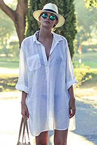 heekpek Mujer Manga Larga Grande Tunicas Playa Profundo Cuello en V Casual Solid Color Camisa para Playa y Piscina Bluson Camisolas y Pareos Playa Verano