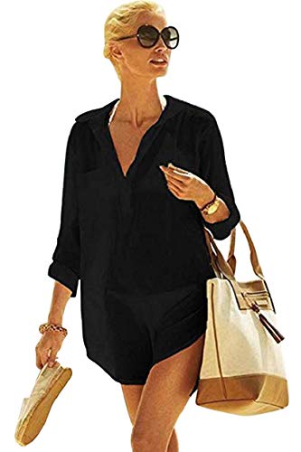 heekpek Mujer Manga Larga Grande Tunicas Playa Profundo Cuello en V Casual Solid Color Camisa para Playa y Piscina Bluson Camisolas y Pareos Playa Verano