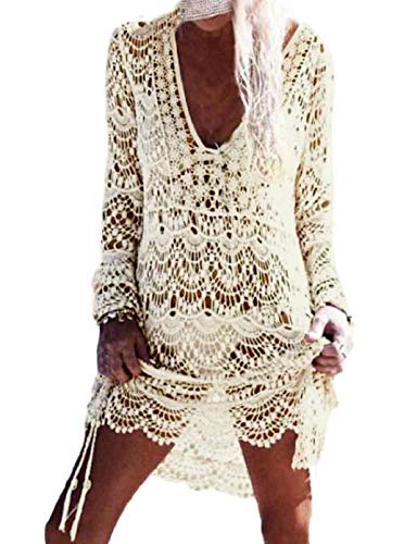 heekpek Mujer Pareos Playa Traje de Baño Vestido de la Playa Bikini Cover up Camisola de Playa Larga Mangas V-Cuello Hueco Borlas Vestido de Kaftan Crochet Pareos