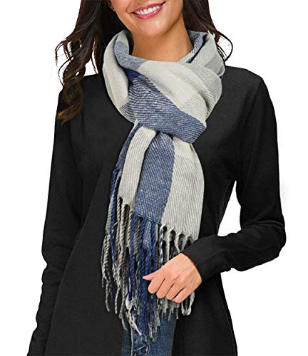 heekpek Mujeres caliente Mantas Cozy Pashmina bufanda larga tartán enrejado mantón (Azul+Gris)