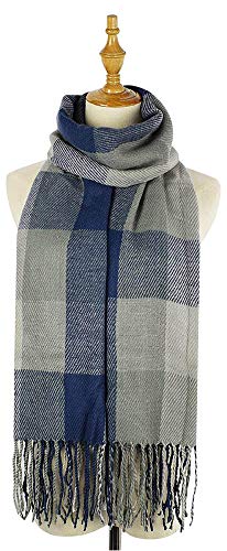 heekpek Mujeres caliente Mantas Cozy Pashmina bufanda larga tartán enrejado mantón (Azul+Gris)