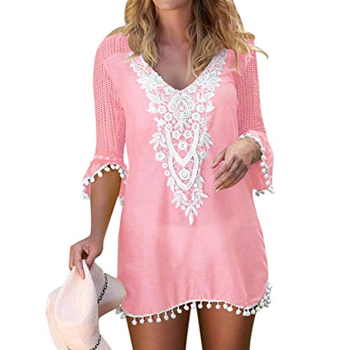 heekpek Pareos Playa Mujer Collar De Flores Vestido De Playa Vestido Mangas Cortas Gasa Beach Pareos Playa Mujer Ropa de Baño Borla Bikini Cover up Camisolas y Pareos Plus Size