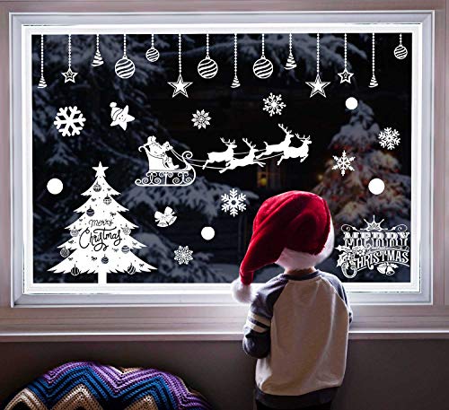 heekpek Pegatinas de Ventana de Puerta de Navidad Blanca Grande árbol de Navidad Santa Claus Pegatina de Navidad Extraíble Vinilo Navideños para Escaparates Decoraciones de Feliz Navidad