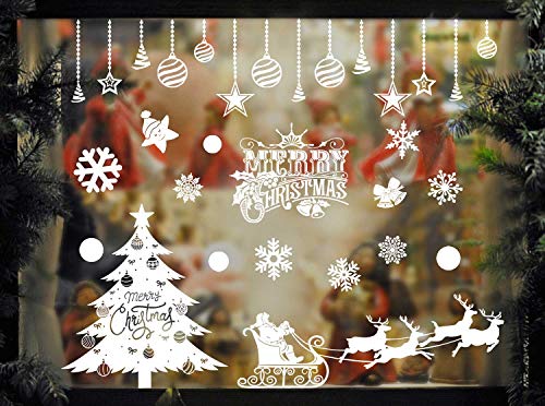 heekpek Pegatinas de Ventana de Puerta de Navidad Blanca Grande árbol de Navidad Santa Claus Pegatina de Navidad Extraíble Vinilo Navideños para Escaparates Decoraciones de Feliz Navidad