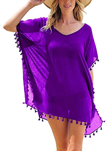heekpek Ropa de Baño Playa Mujer de Gasa Moda con Borla Trajes de Baño Cubrir Bikini Cover Up Color Sólido Kaftan Vestidos Pareos Playa