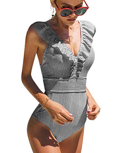 heekpek Traje De Baño Mujer Una Pieza Moda Monokini Push Up Brasileño Rayas Floral Impresión Baño Bañador Traje Bikini Bañadores De Mujer Tallas Grandes Ropa de Baño Cuello en V