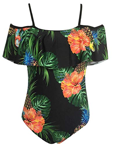 heekpek Traje de Baño Mujer una Pieza Off Shoulder Bikini Volantes High Waist Bikini Impresión de Plantas Tropicales Bañador Mujer Cintura Alta Sexy Swimsuit One Piece Swimwear Monokini