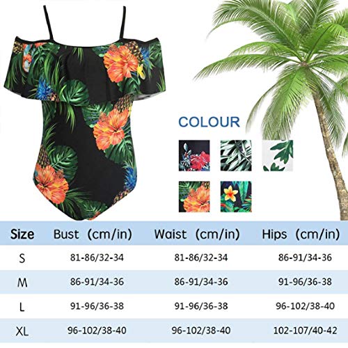 heekpek Traje de Baño Mujer una Pieza Off Shoulder Bikini Volantes High Waist Bikini Impresión de Plantas Tropicales Bañador Mujer Cintura Alta Sexy Swimsuit One Piece Swimwear Monokini