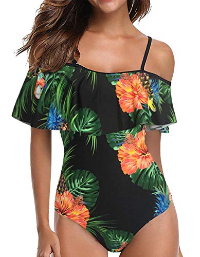 heekpek Traje de Baño Mujer una Pieza Off Shoulder Bikini Volantes High Waist Bikini Impresión de Plantas Tropicales Bañador Mujer Cintura Alta Sexy Swimsuit One Piece Swimwear Monokini