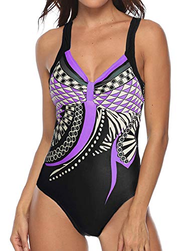 heekpek Trajes de Una Pieza Vintage Impresión Bañador Natacion Mujer Surf Tallas Grandes Monokini Push Up Sexy V-Cuello Verano Traje de Baño Atlético Mujeres Retro Trajes de Baño