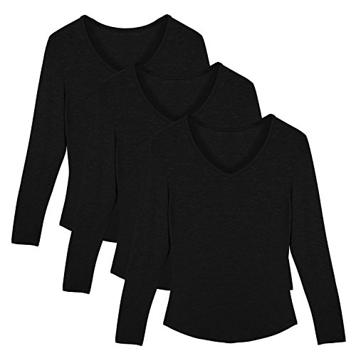HENCY Mujer Camisetas de Manga Larga con del Escote V Pack de 3 Negro Medium