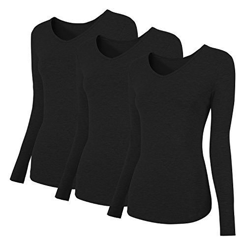 HENCY Mujer Camisetas de Manga Larga con del Escote V Pack de 3 Negro Medium