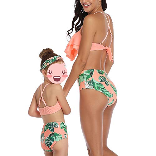 HenzWorld Bikinis para niñas, 2 Piezas, Trajes de baño, Traje de baño a Juego con la Familia, Tops con Volantes, Talle Alto, Floral, con Pliegues, Traje de baño (Naranja, 6-8 años)