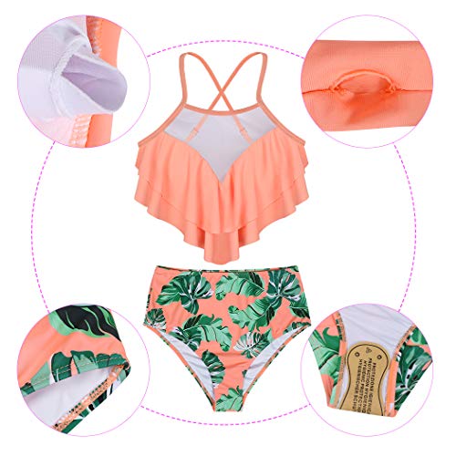 HenzWorld Bikinis para niñas, 2 Piezas, Trajes de baño, Traje de baño a Juego con la Familia, Tops con Volantes, Talle Alto, Floral, con Pliegues, Traje de baño (Naranja, 6-8 años)