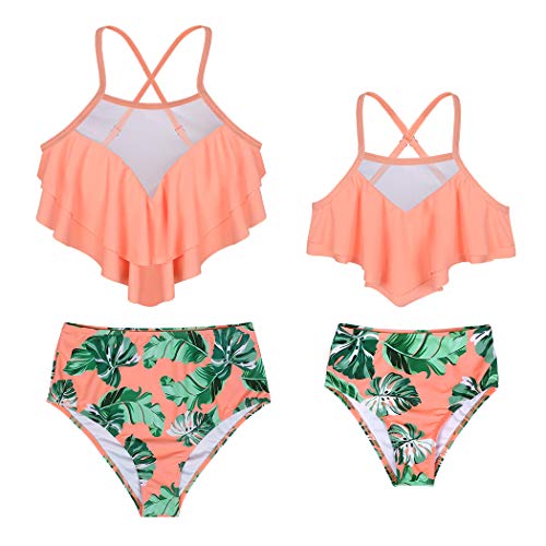 HenzWorld Bikinis para niñas, 2 Piezas, Trajes de baño, Traje de baño a Juego con la Familia, Tops con Volantes, Talle Alto, Floral, con Pliegues, Traje de baño (Naranja, 6-8 años)