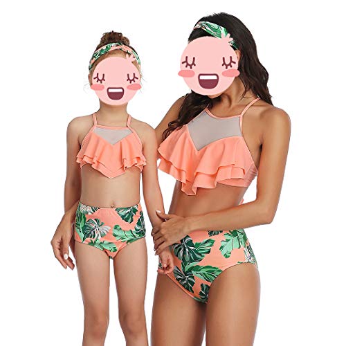 HenzWorld Bikinis para niñas, 2 Piezas, Trajes de baño, Traje de baño a Juego con la Familia, Tops con Volantes, Talle Alto, Floral, con Pliegues, Traje de baño (Naranja, 6-8 años)