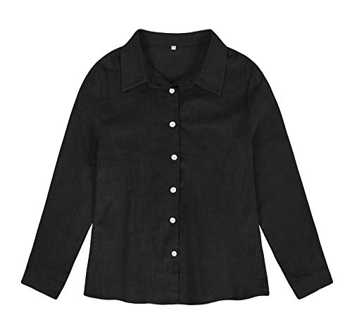 HenzWorld Blusa de Manga Larga de Color Sólido para Mujer Blusas Informales de Lino de Algodón para Mujer Blusa Larga con Botones (Negro Talla M)
