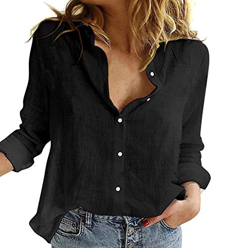 HenzWorld Blusa de Manga Larga de Color Sólido para Mujer Blusas Informales de Lino de Algodón para Mujer Blusa Larga con Botones (Negro Talla M)