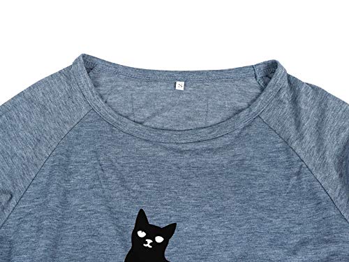 HenzWorld Camiseta de Manga Larga con Estampado de Gato Blusa para Mujer Sudadera Informal Holgada Camisetas con Cuello Redondo para Mujer Jersey (Azul Talla L)