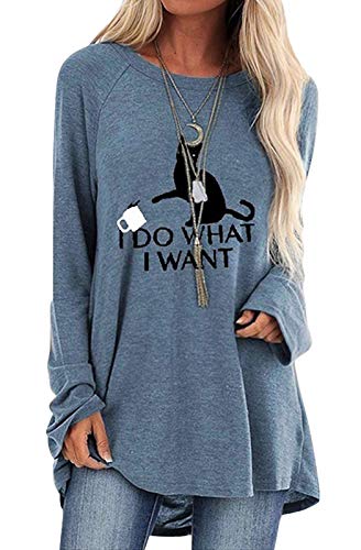 HenzWorld Camiseta de Manga Larga con Estampado de Gato Blusa para Mujer Sudadera Informal Holgada Camisetas con Cuello Redondo para Mujer Jersey (Azul Talla L)