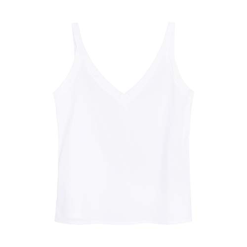HenzWorld Chaleco Cami Sin Mangas para Mujer Verano Blanco Camisetas Sin Mangas Casuales Mujeres Cuello en v Camisa Suelta Sin Espalda Blusa Talla S
