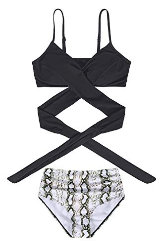 HenzWorld Mujer Criss Cross Traje de Baño Tankini Floral Estampado de Cintura Alta Traje de Baño de Dos Piezas para Mujer Conjunto de Bikini Halter Sexy (Piel de Serpiente Talla M)