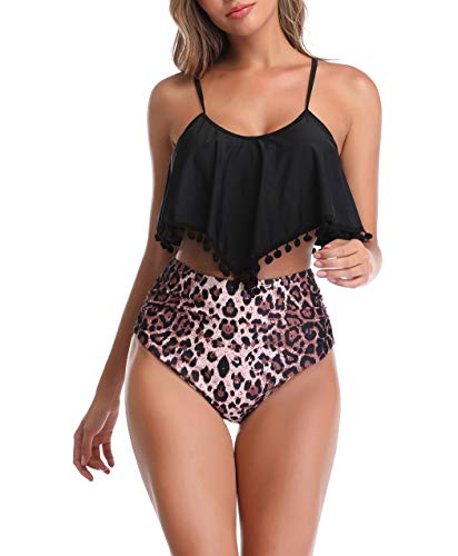 HenzWorld Trajes de Baño para Mujer Conjuntos de Bikini Estampado Floral Parte Inferior de Cintura Alta Traje de Baño de 2 Piezas para Mujer Traje de Baño Tankini (Negro Talla 12-14)