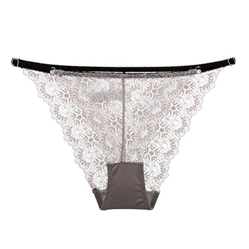 Hexcbay Damen Braguitas de Encaje Sexy Bragas Transparentes Calzoncillos Ropa Interior Lencería con Tiras Ropa Interior Ajustable Triángulo Corbata Tanga Tanga (neiku02, Gris)