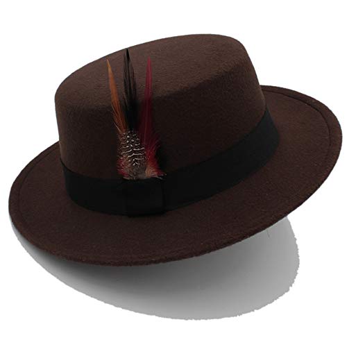 HHF Caps y Sombreos Sombrero de Fedora Player, 2018 Invierno Lana Pork Pie Boater Sombrero de Copa Plano para Mujer Hombre Sentido Ancho (Color : Café, tamaño : 56-58cm)