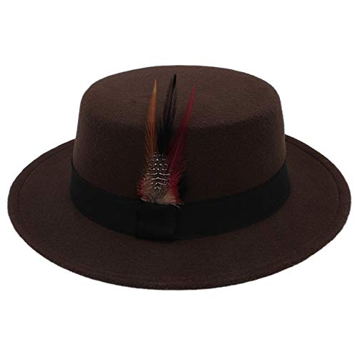 HHF Caps y Sombreos Sombrero de Fedora Player, 2018 Invierno Lana Pork Pie Boater Sombrero de Copa Plano para Mujer Hombre Sentido Ancho (Color : Café, tamaño : 56-58cm)