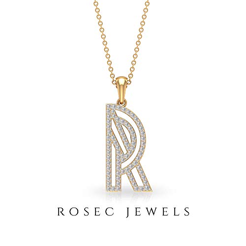 HI-SI - Collar con colgante de alfabeto de diamante de 1/2 ct, letra R, cadena de nombre, colgante de aniversario de las mujeres, collar de abalorios de uso diario,10K Oro amarillo Sin cadena