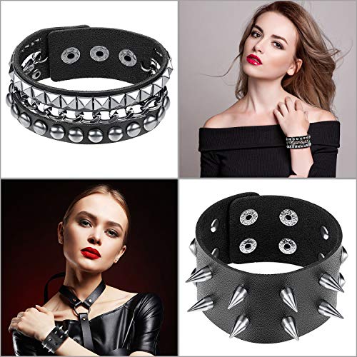 Hicarer 6 Piezas Pulseras de Punk con Tachuelas Pulsera de Remaches Brazalete con Remaches de Cuero