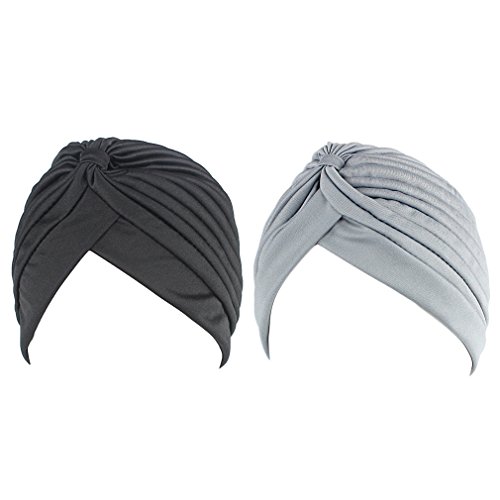 hikong - 2 paños musulmanes para mujer, turbante indio, turbante para la cabeza, para la pérdida de cabello o quimioterapia, talla única Negro y gris. Talla única