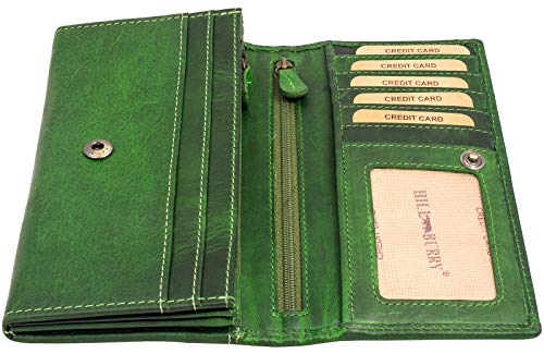 Hill Burry Cartera de Cuero para Mujer | Billetera - Monedero de Cuero Genuino con Aspecto Vintage | Mujeres - Hombre | XXL Largo Grande Capacidad (Verde)