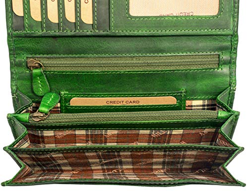 Hill Burry Cartera de Cuero para Mujer | Billetera - Monedero de Cuero Genuino con Aspecto Vintage | Mujeres - Hombre | XXL Largo Grande Capacidad (Verde)