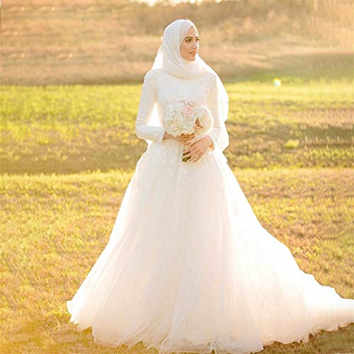 HIN GU - Wedding dress Vestido de novia Vestido de novia de lujo musulmán apliques Arabia Saudita manga larga elegante vestido de novia turco (Color : Beige, US Size : 14)