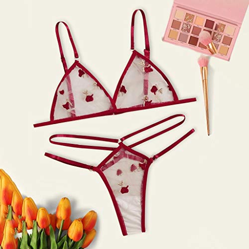 HINK Mujeres Íntimas, Mujeres Íntimas, Femenina Transparente Encaje Bordado Conjunto de Ropa Interior con Tirantes Rojo XL
