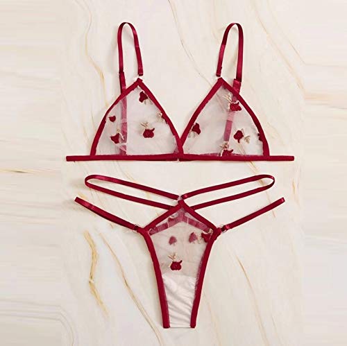 HINK Mujeres Íntimas, Mujeres Íntimas, Femenina Transparente Encaje Bordado Conjunto de Ropa Interior con Tirantes Rojo XL