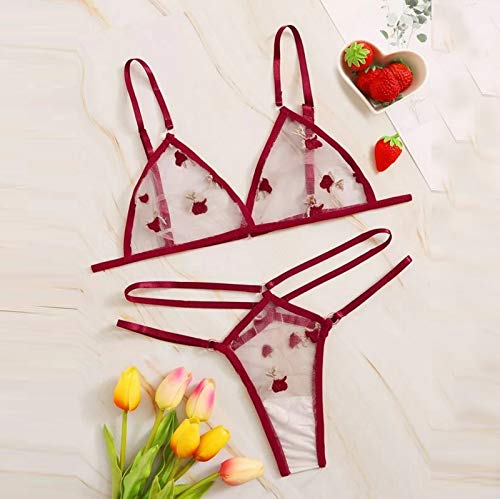 HINK Mujeres Íntimas, Mujeres Íntimas, Femenina Transparente Encaje Bordado Conjunto de Ropa Interior con Tirantes Rojo XL